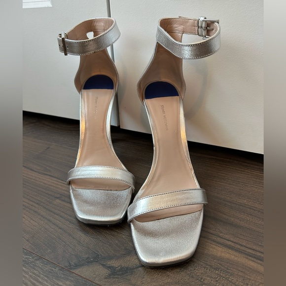 Stuart Weitzman 100SquareNudist Silver Argento Crack Lame Leather Square Sandal - Picture 3 of 14